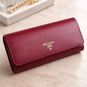 Prada Large Saffiano Leather Wallet Burgundy Like New Authentic